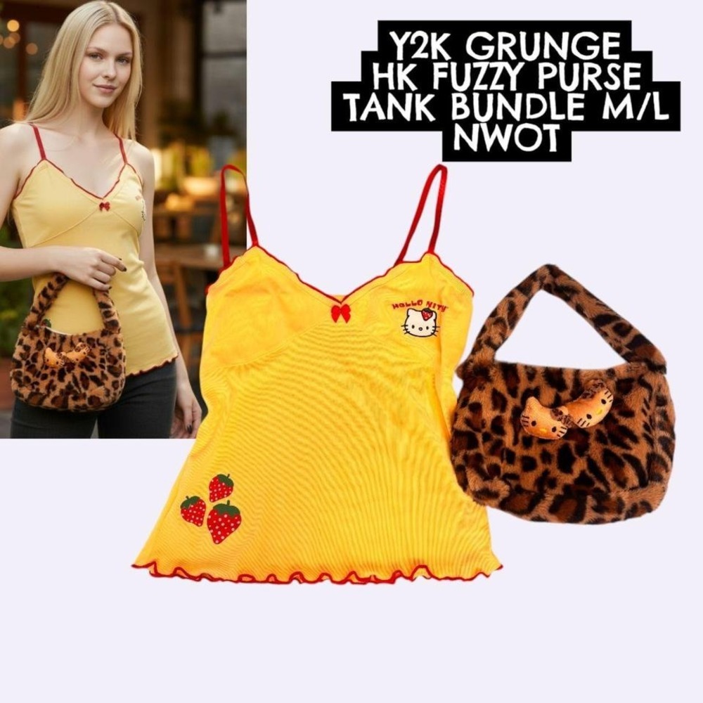 Y2K STRAWBERRY Hello Kitty TANK M/L & HK FUZZY BAG Leopard Bundle 🍓